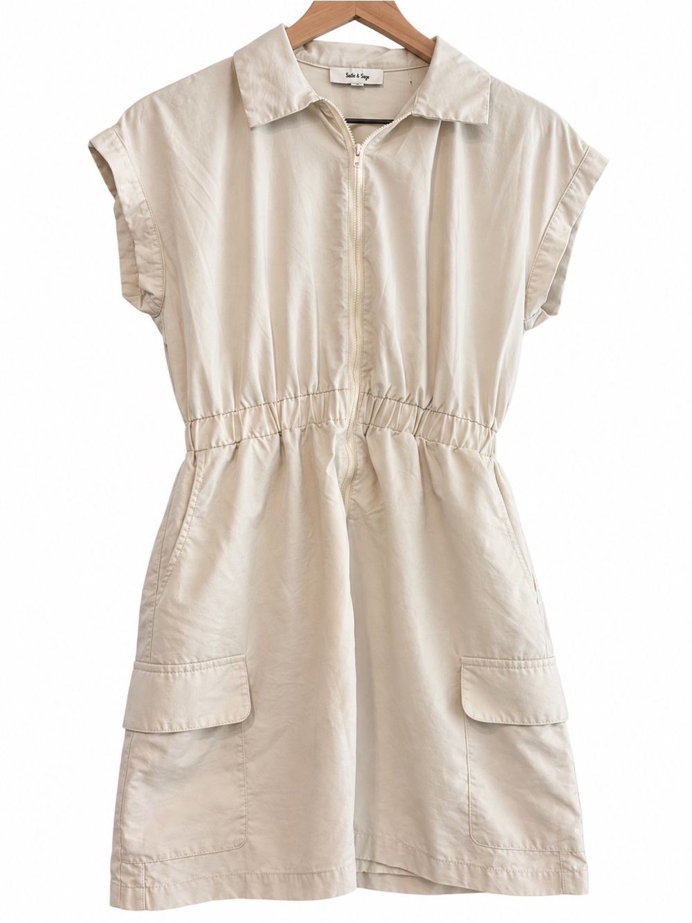 Sadie & Sage Cream Zip-Front Cap Sleeve Romper Dress